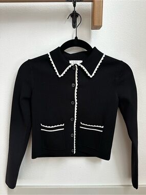 Sandro Paris Scalloped Trim Cropped Knit Cardigan Black White
